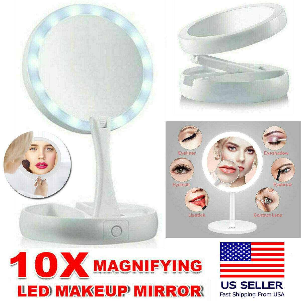 Makeup Mirror Led Light Up Double Side Folding 10x Magnifying Tabletop Portable